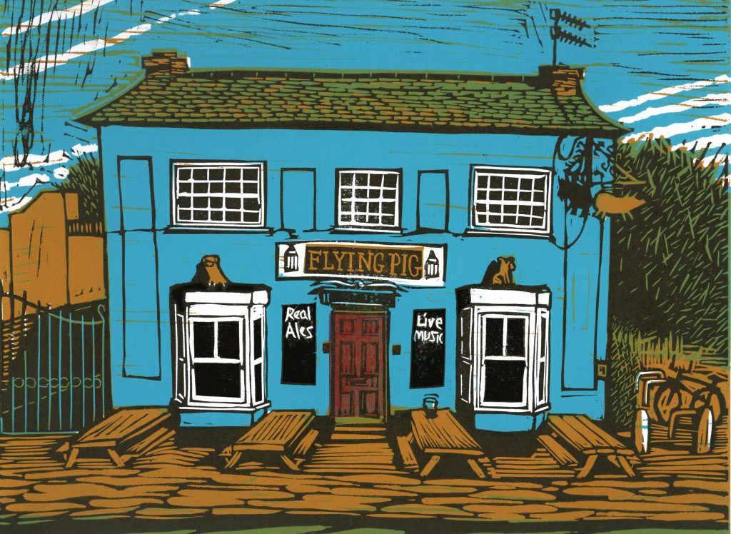 Linocut of the Flying Pig pub in Cambridge