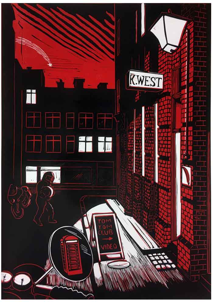 Linocut of London backstreet